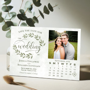 Save The Date Photo de feuilles vert sauge & calendrier Mariage