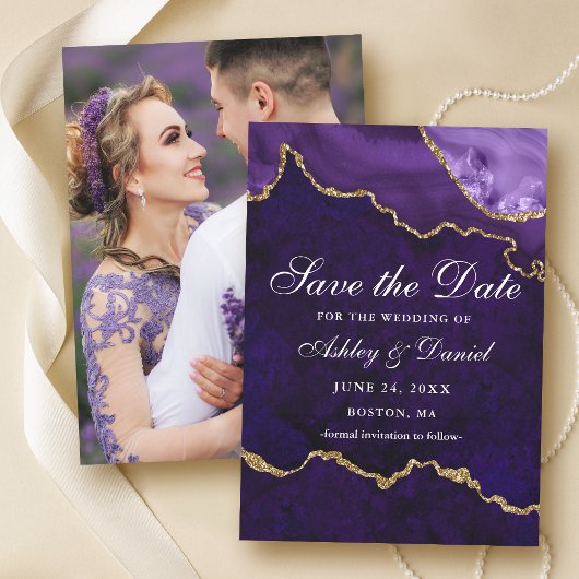 Save The Date Photo de géode d'agate marbre or violet aquarelle