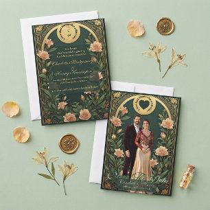 Save The Date Photo de mariage à l'arche vert Alphonse Mucha or