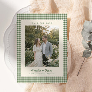 Save The Date Photo de mariage à motif carreaux gingham vert rét