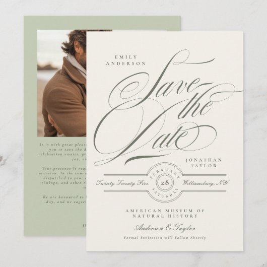 Save The Date Photo de mariage au script vert pistache (Devant / Derrière)
