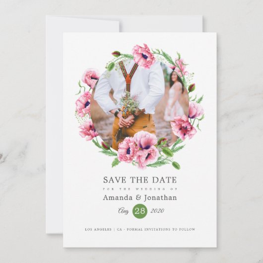 Save The Date Photo de mariage aux coquelicots roses aquarelle (Devant)