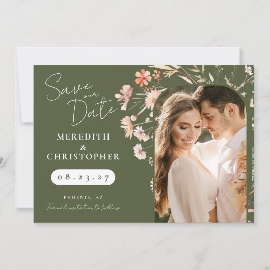 Save The Date Photo de mariage aux fleurs sauvages boho vertes (Devant)