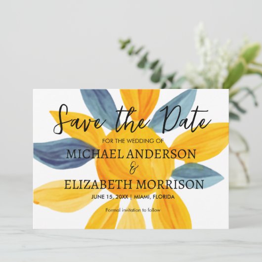 Save The Date Photo de mariage bleu jaune unique Enregistrer la (Debout devant)