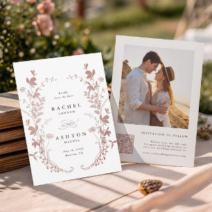 Save The Date Photo de mariage botanique rose poussiéreuse roman