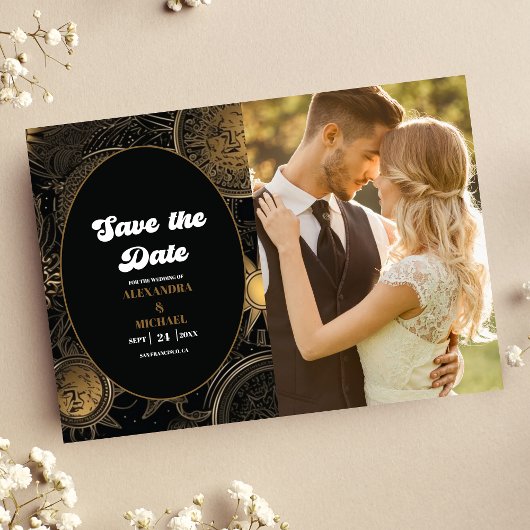 Save The Date Photo de mariage céleste noir or