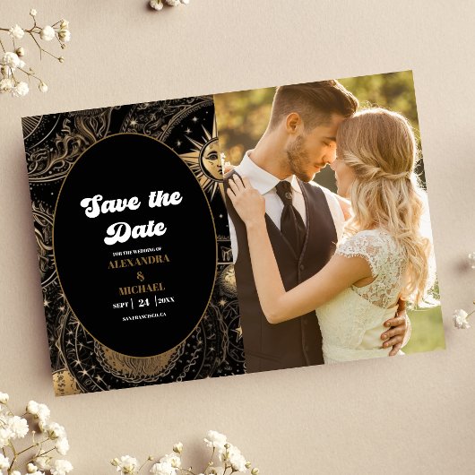 Save The Date Photo de mariage céleste noir or