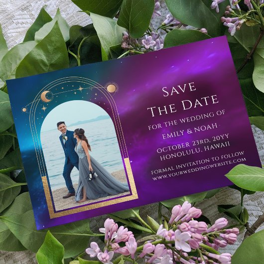 Save The Date Photo de mariage céleste or sarcelle violet