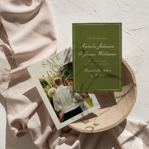 Save The Date Photo de mariage chic vert olive ancien argent