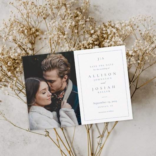 Save The Date Photo de mariage classique Monogramme Bleu Poussié
