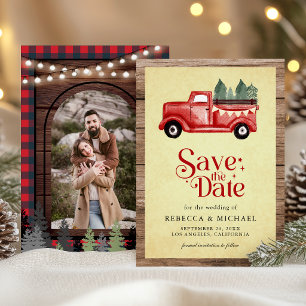Save The Date Photo de mariage de camion de Noël rouge vintage
