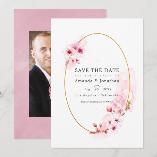 Save The Date Photo de mariage de cerisier à fleurs rose (Devant / Derrière)