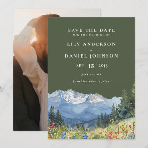 Save The Date Photo de mariage de montagne à l'aquarelle vert ol