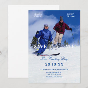Save The Date Photo de mariage de ski d'hiver bleu blanc