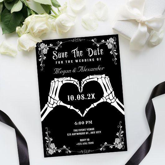 Save The Date Photo de mariage de squelette gothique noir et bla