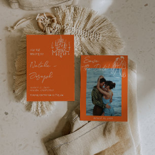 Save The Date Photo de mariage d'été rétro orange dessiné à la m
