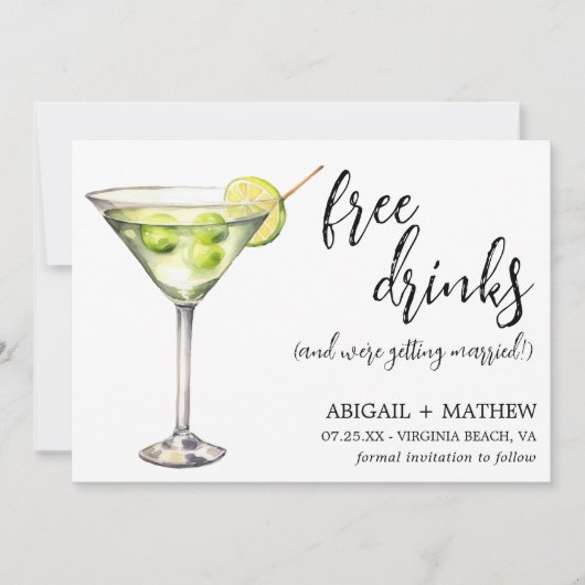 Save The Date Photo de mariage drôle avec cocktail Martini class (Devant)