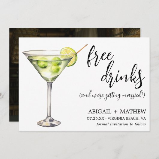 Save The Date Photo de mariage drôle avec un cocktail Martini cl (Devant / Derrière)