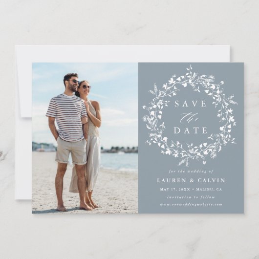 Save The Date Photo de mariage élégant boho bleu poussiéreux à f (Devant)