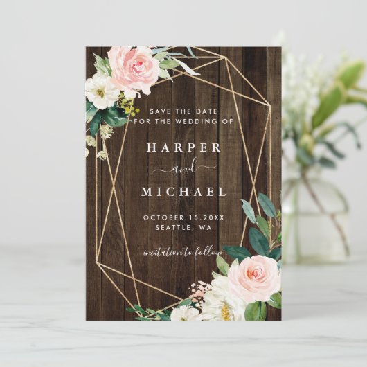 Save The Date Photo de mariage en bois rustique floral géométriq (Debout devant)