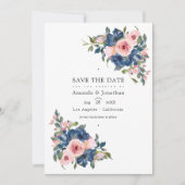 Save The Date Photo de mariage floral à l'aquarelle bleu marine  (Devant)