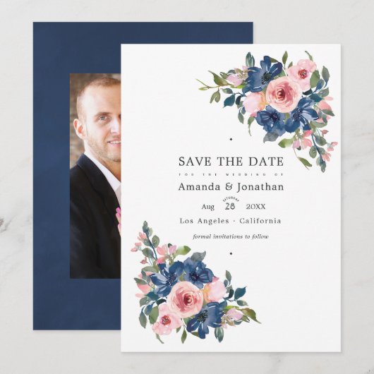 Save The Date Photo de mariage floral à l'aquarelle bleu marine  (Devant / Derrière)