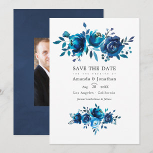 Save The Date Photo de mariage floral aquarelle bleu marine et b