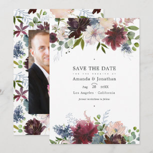 Save The Date Photo de mariage floral bordeaux, marine et rose