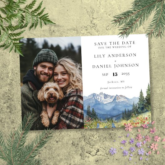 Save The Date Photo de mariage floral de montagne à l'aquarelle