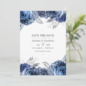 Save The Date Photo de mariage floral Navy et argent en faux foi (Debout devant)