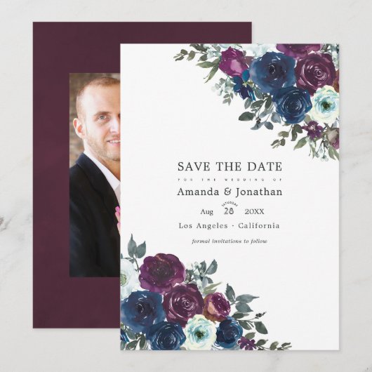 Save The Date Photo de mariage floral prune et marine (Devant / Derrière)