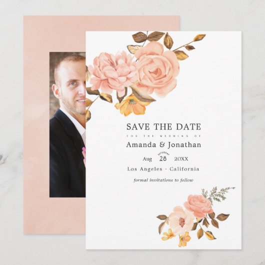 Save The Date Photo de mariage floral rose et or (Devant / Derrière)
