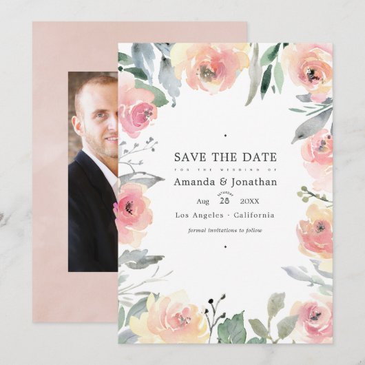 Save The Date Photo de mariage floral rose pastel (Devant / Derrière)