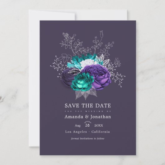 Save The Date Photo de mariage floral violet rustique et turquoi (Devant)