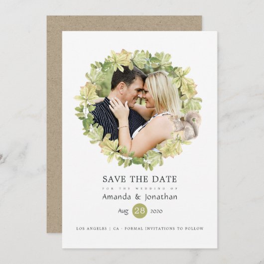 Save The Date Photo de mariage forestier à l'aquarelle rustique (Devant / Derrière)