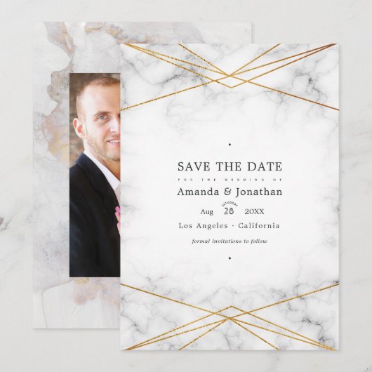 Save The Date Photo de mariage géométrique en marbre doré (Devant / Derrière)
