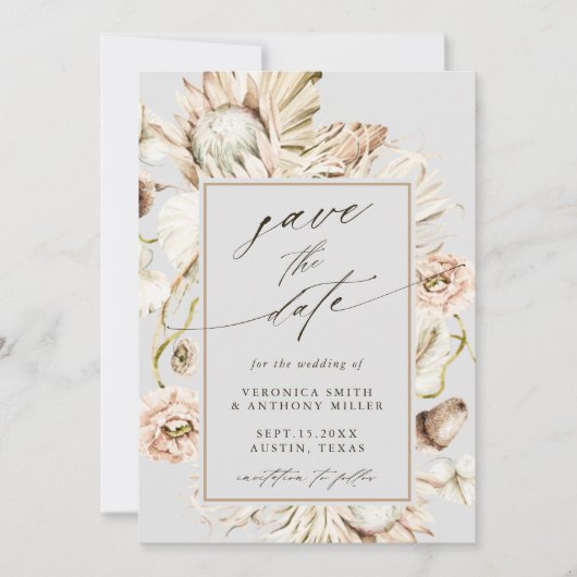 Save The Date Photo de mariage gris Boho Protea Pampas (Devant)