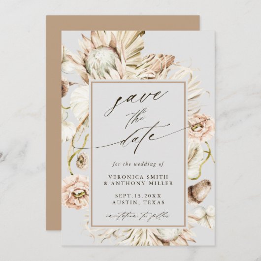 Save The Date Photo de mariage gris Boho Protea Pampas (Devant / Derrière)
