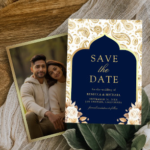 Save The Date Photo de mariage indien Blue Gold Paisley Floral