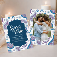 Photo de mariage indien de style paisley bleu et v