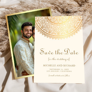 Save The Date Photo de mariage indien mandala Cream Gold