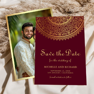 Save The Date Photo de mariage indien Mandala Or Rouge