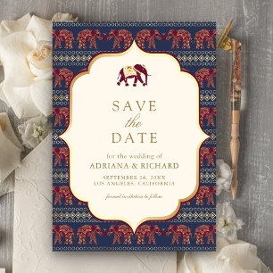 Save The Date Photo de Mariage indien Navy Burgundy Gold Elephan