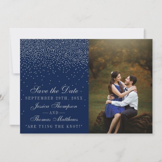 Save The Date Photo de mariage Navy Blue & Glam Silver Confetti (Devant)