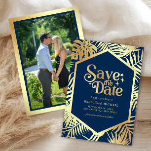 Save The Date Photo de mariage Navy Blue Gold Tropical Palm