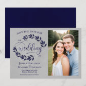 Save The Date Photo de mariage Navy Blue Laurel Leaves Rustique (Devant / Derrière)