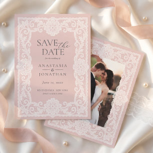 Save The Date Photo de mariage rose poudré en dentelle vintage