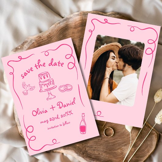 Save The Date Photo de mariage rose vif dessiné à la main de man