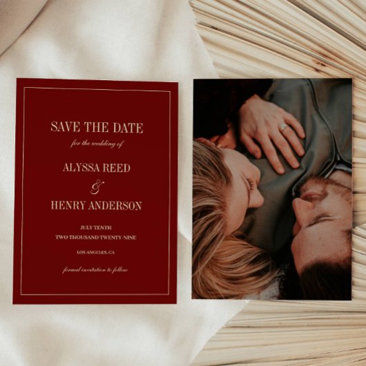 Save The Date Photo de mariage rouge vin écriture classique