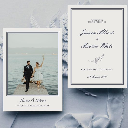 Save The Date Photo de mariage thème botanique bleu plage